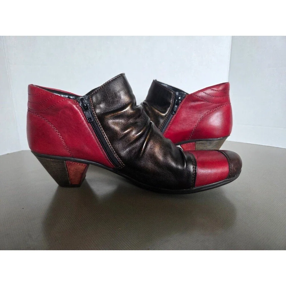 Remonte Dorndorf Red Heeled Leather Lace up Booties Boots Side Zip Womens 37